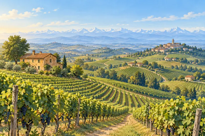 Illustrazione AI di colline e vigneti del Piemonte